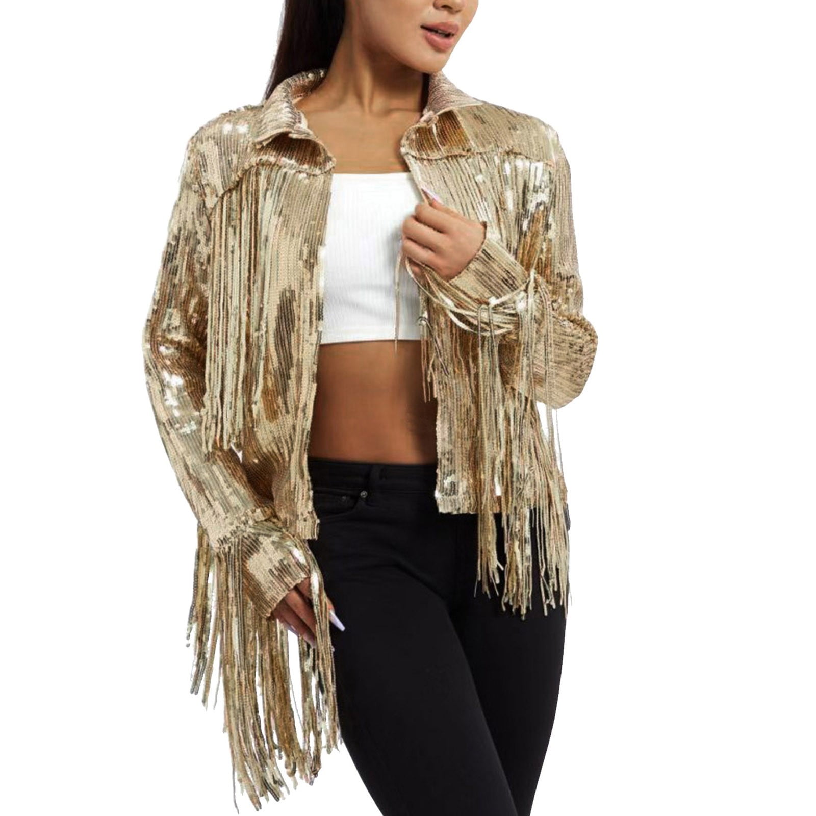 YOUSNH Women Sparkly Sequin Jacket Shiny Glitter Tassel
