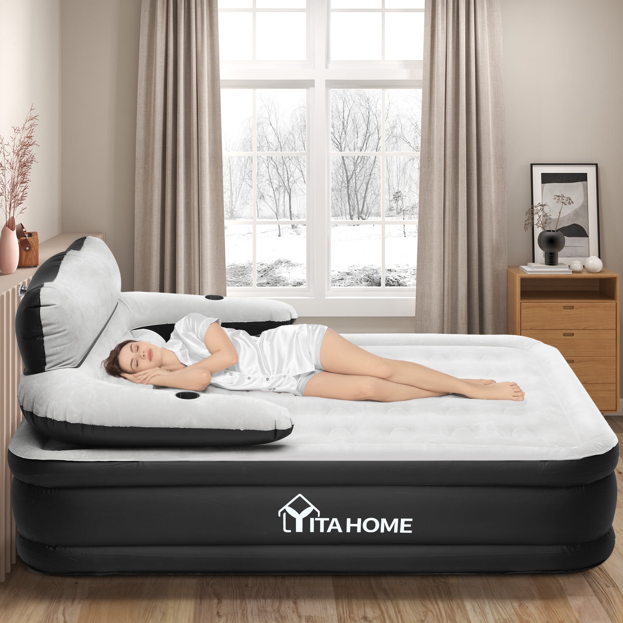 Uforic Queen Size Inflatable Air Mattress with Headboard, Built-in 120V Pump & Carry Bag, 18 Inch Height Blow Up Mattress for Home Camping Travel