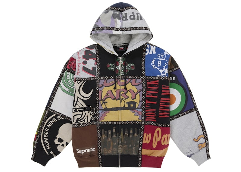 Supreme Men's Leather Applique Zip Up Hooded Sweatshirt Black