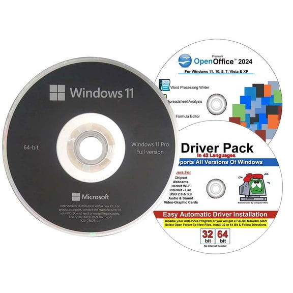 Windows 11 Professional OEM 64 Bit DVD, Open Office 2021, Drivers Pack