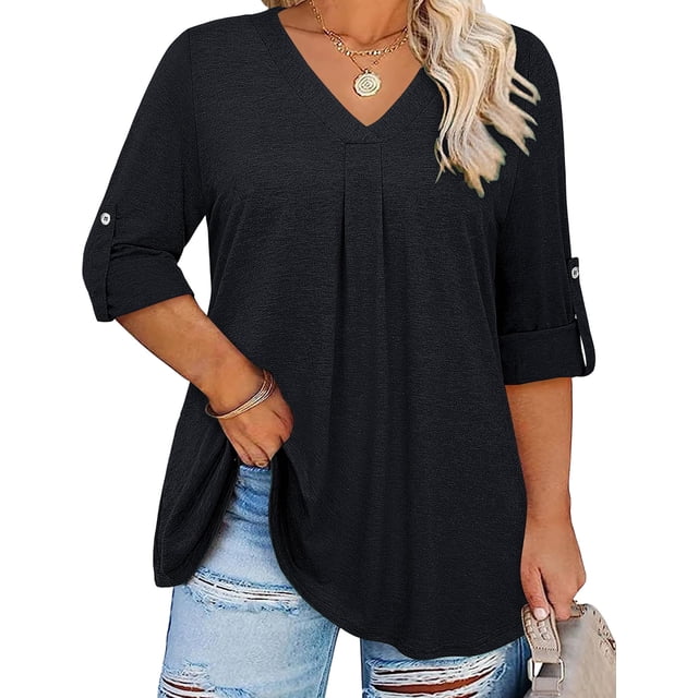 Blusa tipo túnica Kancystore, talla grande, manga 3/4, cuello en V, negra para mujer