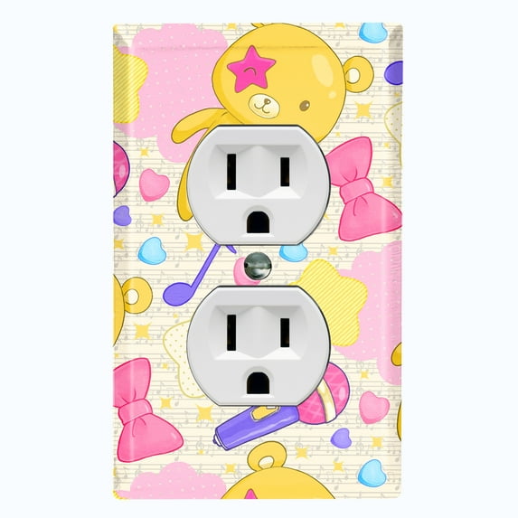 Metal Light Switch Wall Plate Outlet Cover (Yellow Teddy Bear Karaoke Hearts Music Bow - Single Duplex)