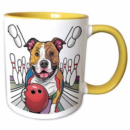 3drose, Funny Cute Cool Abstract Pitbull Puppy Dog Bowling Sports, 15oz Two-tone Yellow Mug