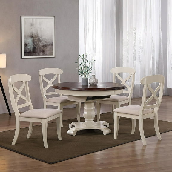 Andrews 5PC 48in Round 66in Oval Extending Dining Table Set Off White Brown Wood