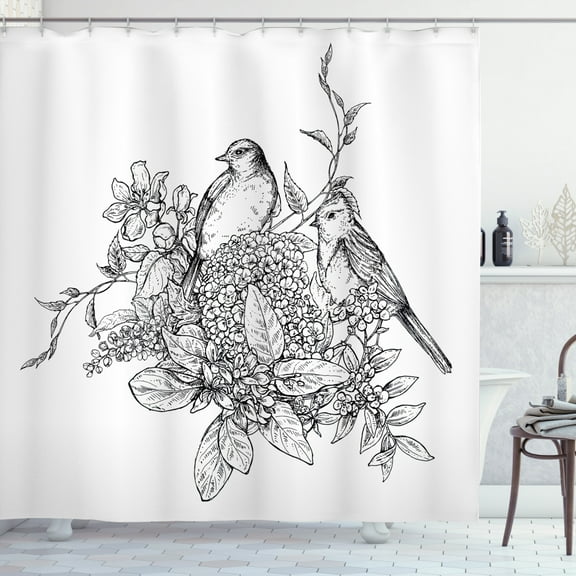 Botanical Shower Curtain, Floral Monotone Composition of Flowers Bouquet Branches and Birds, Fabric Bathroom Set with Hooks, 69W X 75L Inches Long, Charcoal Grey and White, by Ambesonne