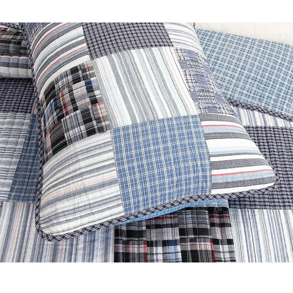 Comforter Set Queen Size 3-Piece Coverlet Set for Night Sleep Bedding Quilt with Green Yellow Blue Plaid Striped Real Patchwork