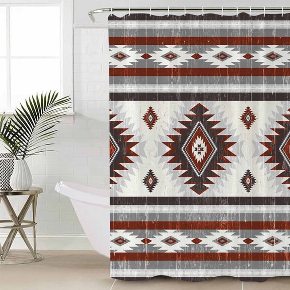 Red Boho Small Stall Shower Curtain, Waterproof Shower Curtains for Bathroom, Southwestern Ethnic Aztec Retro Geometric Washable Fabric Cloth Bath Curtain for Bathtub with Hooks 36x72 Inches