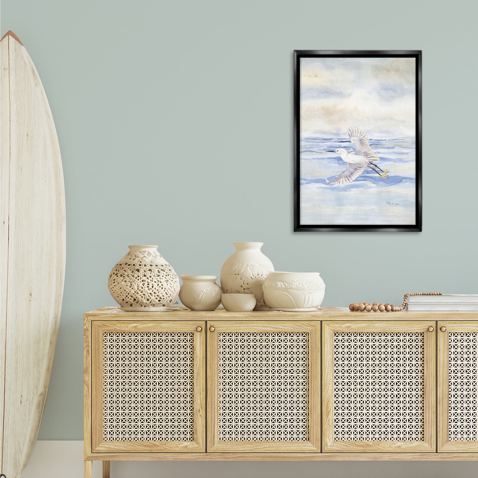 Stupell Industries Flying Heron Over Water Landscape Painting Black Floater Framed Canvas Art Print Wall Art, 21 x 31