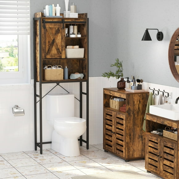 VASAGLE Estantería de Inodoro, Estantería de Baño, para Lavadora, 64 x 24 x 171 cm, con Armario Pequeño, Marco de Acero, Montaje Fácil, Estilo Industrial, Marrón Rústico y Negro MBTS003B01
