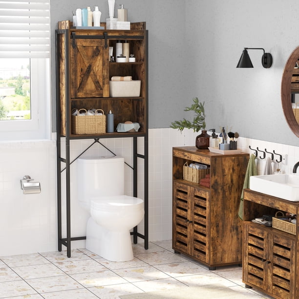 VASAGLE Estantería de Inodoro, Estantería de Baño, para Lavadora, 64 x 24 x 171 cm, con Armario Pequeño, Marco de Acero, Montaje Fácil, Estilo Industrial, Marrón Rústico y Negro MBTS003B01