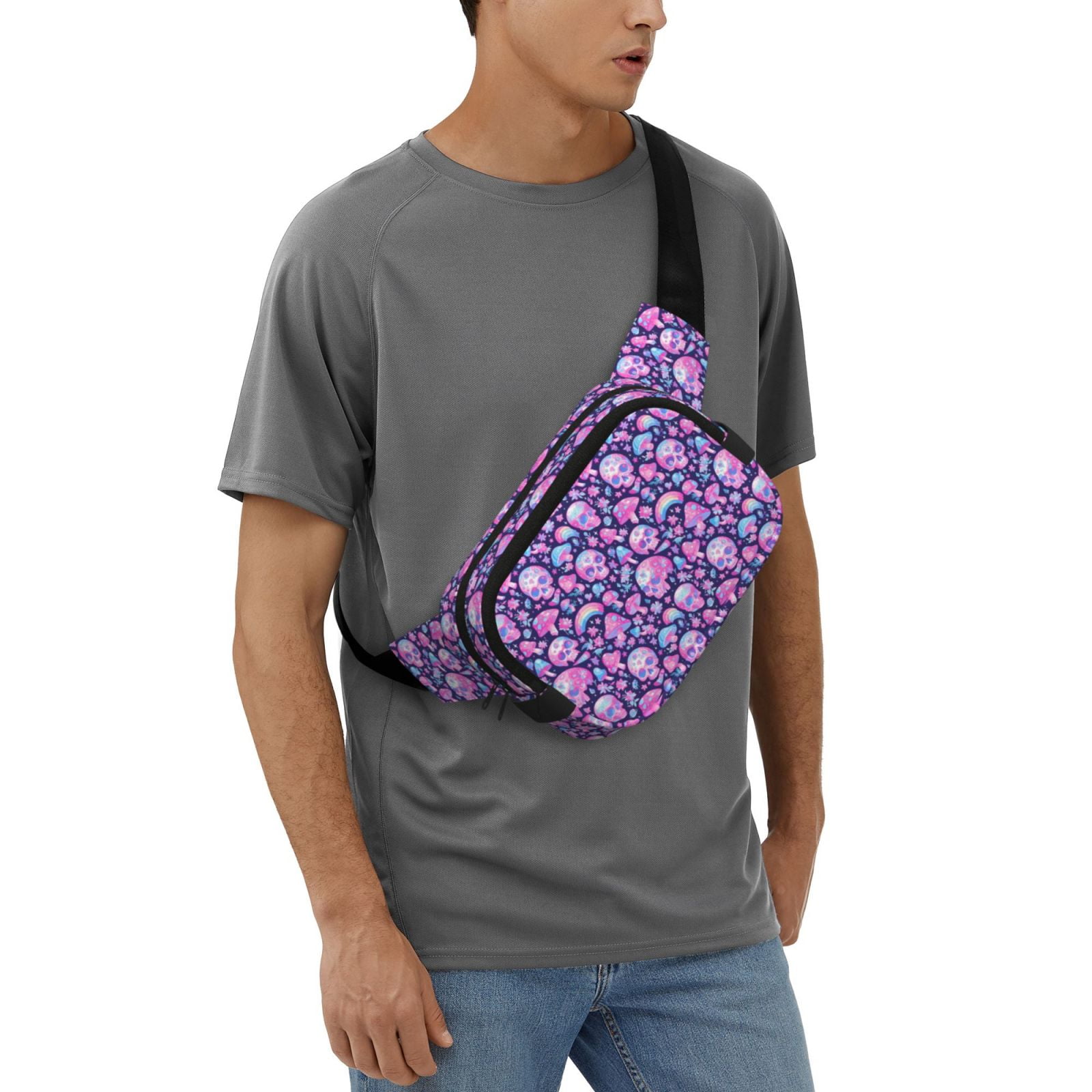 Picia Skull Rainbow Mushroom Print Square Double-Layer Waist Bag Mini Adjustable Waist Belt Bag Exercise Running Travel Hiking