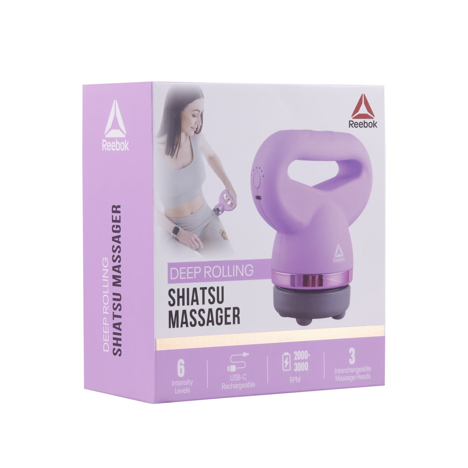Reebok Deep-Rolling Shiatsu Massager, 4 Intensity Levels, 3 Massage Heads, Comfort Grip, Purply pink, Relieves Muscle Tension, Promotes Relaxation