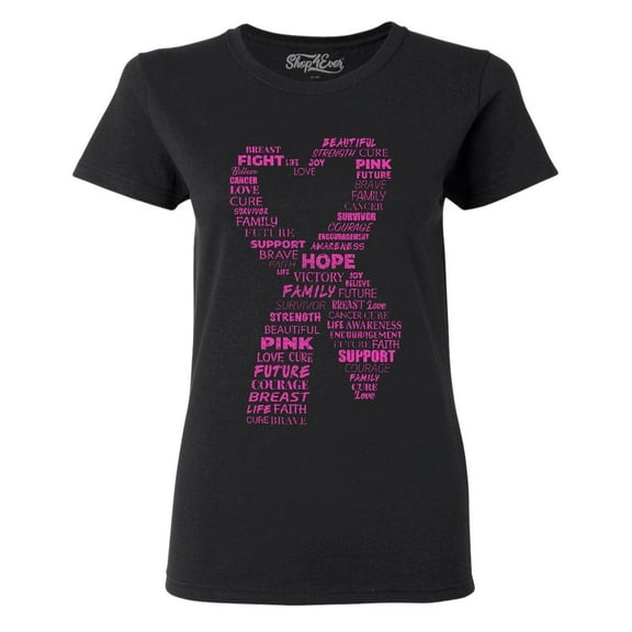 Shop4Ever Women's Pink Ribbon Heart Montage Word Cloud Breast Cancer Graphic T-Shirt Medium Black