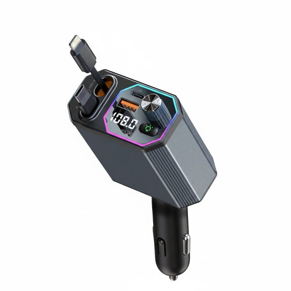 axGear Bluetooth FM Transmitter Car Charger Retractable Cable USB Type C Port LED Display Fast Charging for Phone Tablet