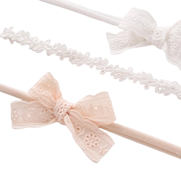 Elegante conjunto de diademas de encaje con flores para bebés con lazos de encaje con ojales