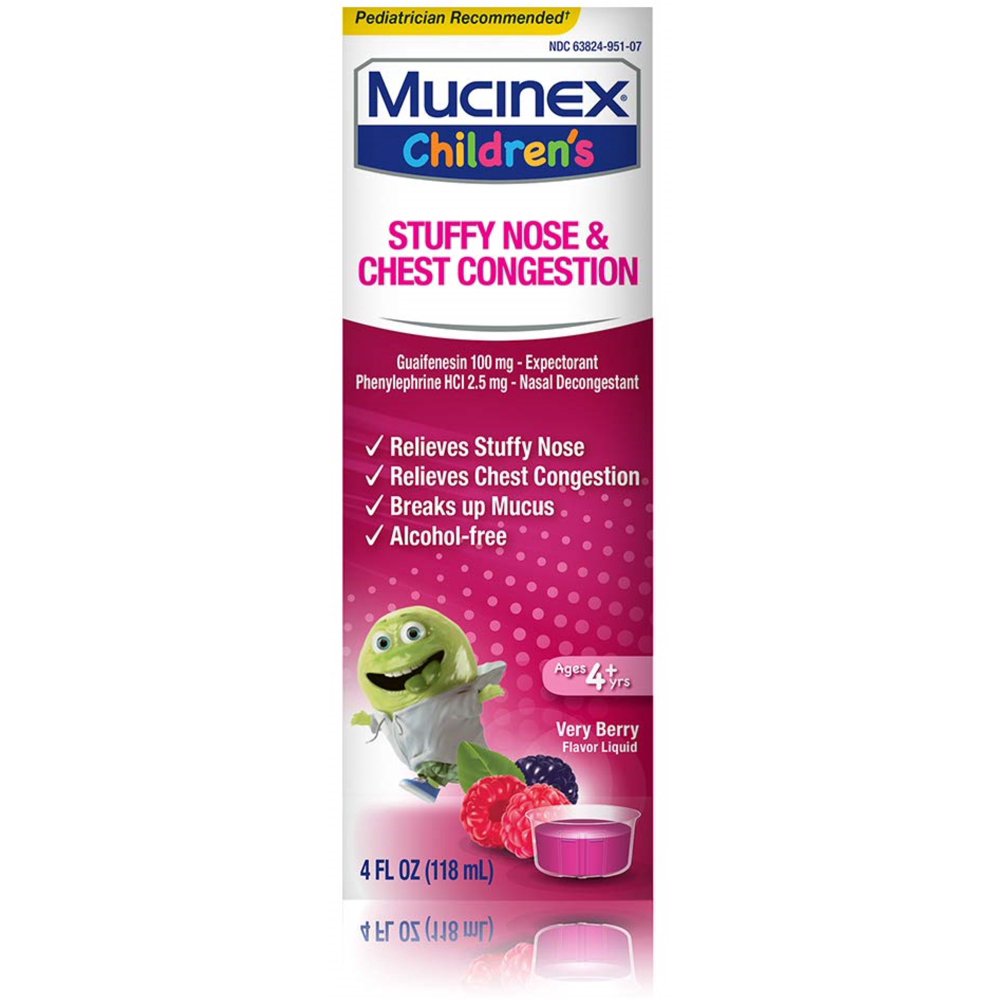 4 Pack Mucinex Children's Liquid Stuffy Nose & Cold Mixed Berry 4 oz.
