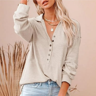 Women V Neck Button Front Shirt Turn Down Collar Leisure Breathable Top Long Sleeve Fashion Top