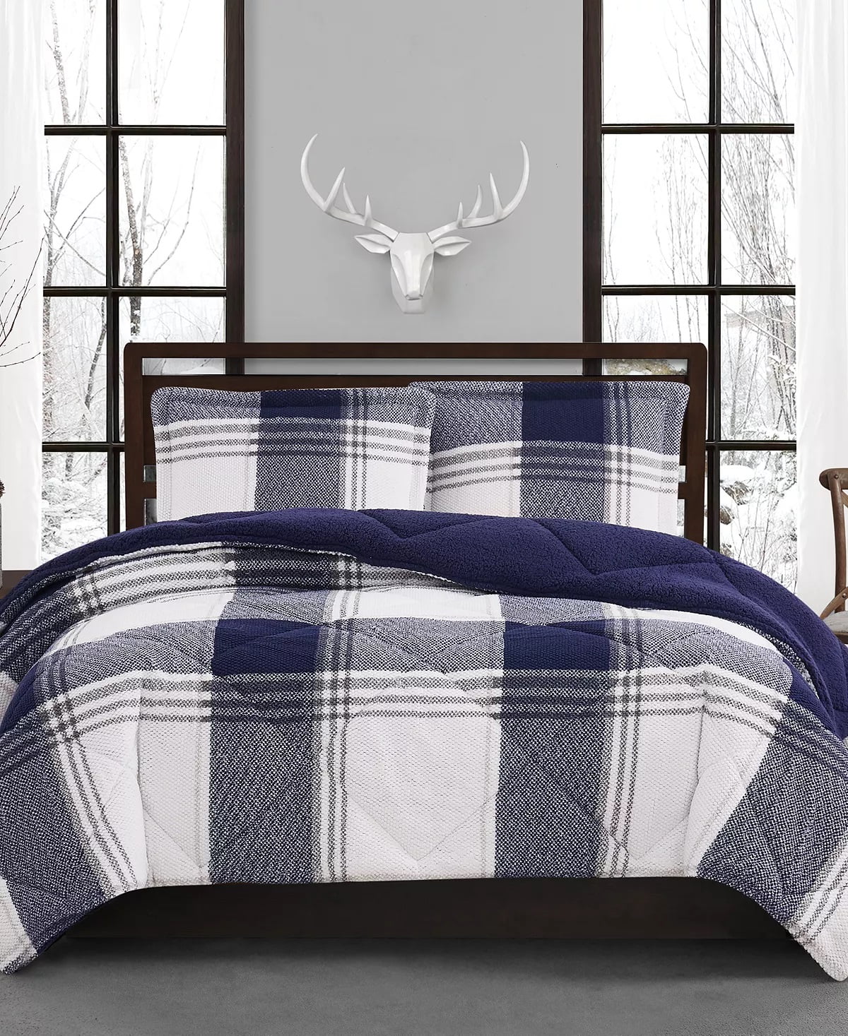 Truly Soft Cuddle Warmth Printed Plaid Blue and Grey King