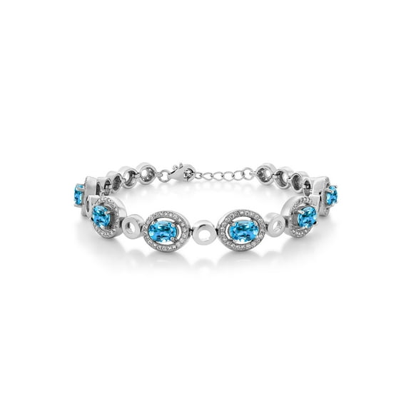 Gem Stone King 925 Sterling Silver Swiss Blue Topaz Tennis Bracelet for Women (7.92 Cttw, Oval 7X5MM, 7 inch with 1 inch Extender)