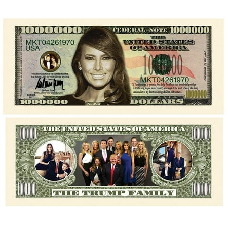 5 Melania Trump First Lady First Family Million Dollar Bills with Bonus “Thanks a Million” Gift Card