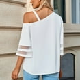 thumbnail image 3 of Women Summer Solid Color Loose Fitting Chiffon Blouse 3/4 Bell Sleeve Mesh Panel Shirt Cold Shoulder Metallic Buckle Top, 3 of 9
