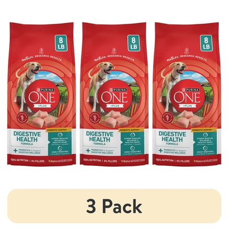 (3 pack) Purina One Plus Digestive Health Dry Dog Food with Added Vitamins Minerals & Nutrients Chicken 8 lb Bag