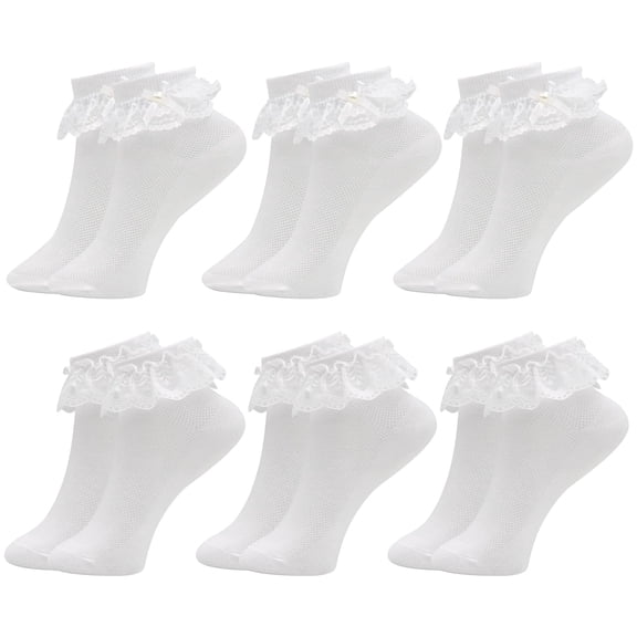 GIRACOA 6 Pairs Girls White Frilly Socks, Cute Cotton Ruffled Trim Ankle School Socks, Comfortable Girls Frilly Ankle Socks, Vintage Bows Kids Frilly Socks, Beautiful White Communion Socks for Girls