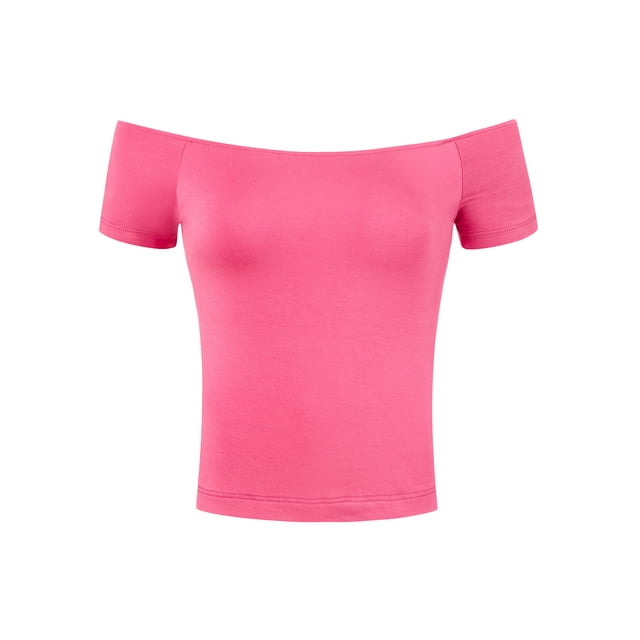 INSPIRAR CHIC Estilo Blusa de Mujer de Manga Corta Off the Shoulder Longitud de Cadera S Color Sólido Rosa Fucsia
