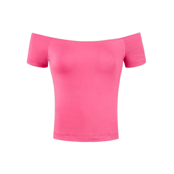 INSPIRAR CHIC Estilo Blusa de Mujer de Manga Corta Off the Shoulder Longitud de Cadera S Color Sólido Rosa Fucsia