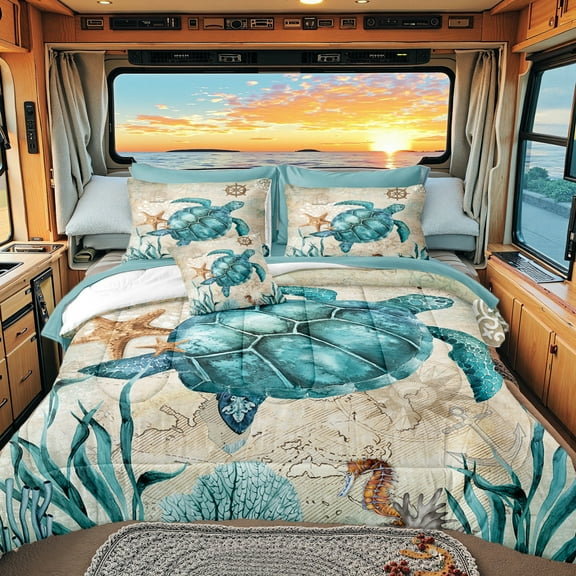 8 Pieces Blue Green Comforter Set King Size Ocean Life Bed in a Bag Turtle Beach Bedding Set Hawaii Style Summer Lightweight Bedding Comforter Set