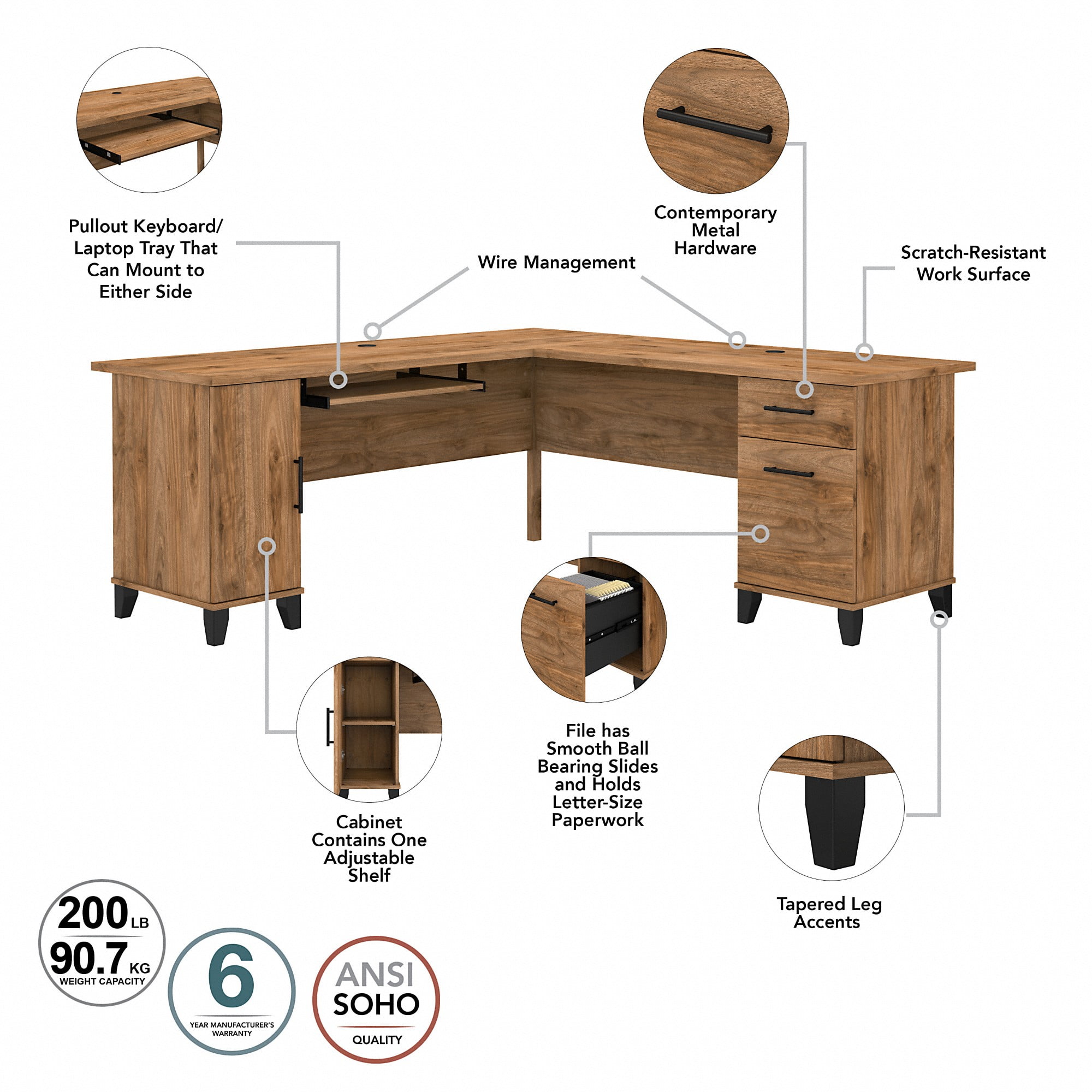 Bush Furniture Somerset 72" L Desk and Hutch with Storage, Fresh Walnut