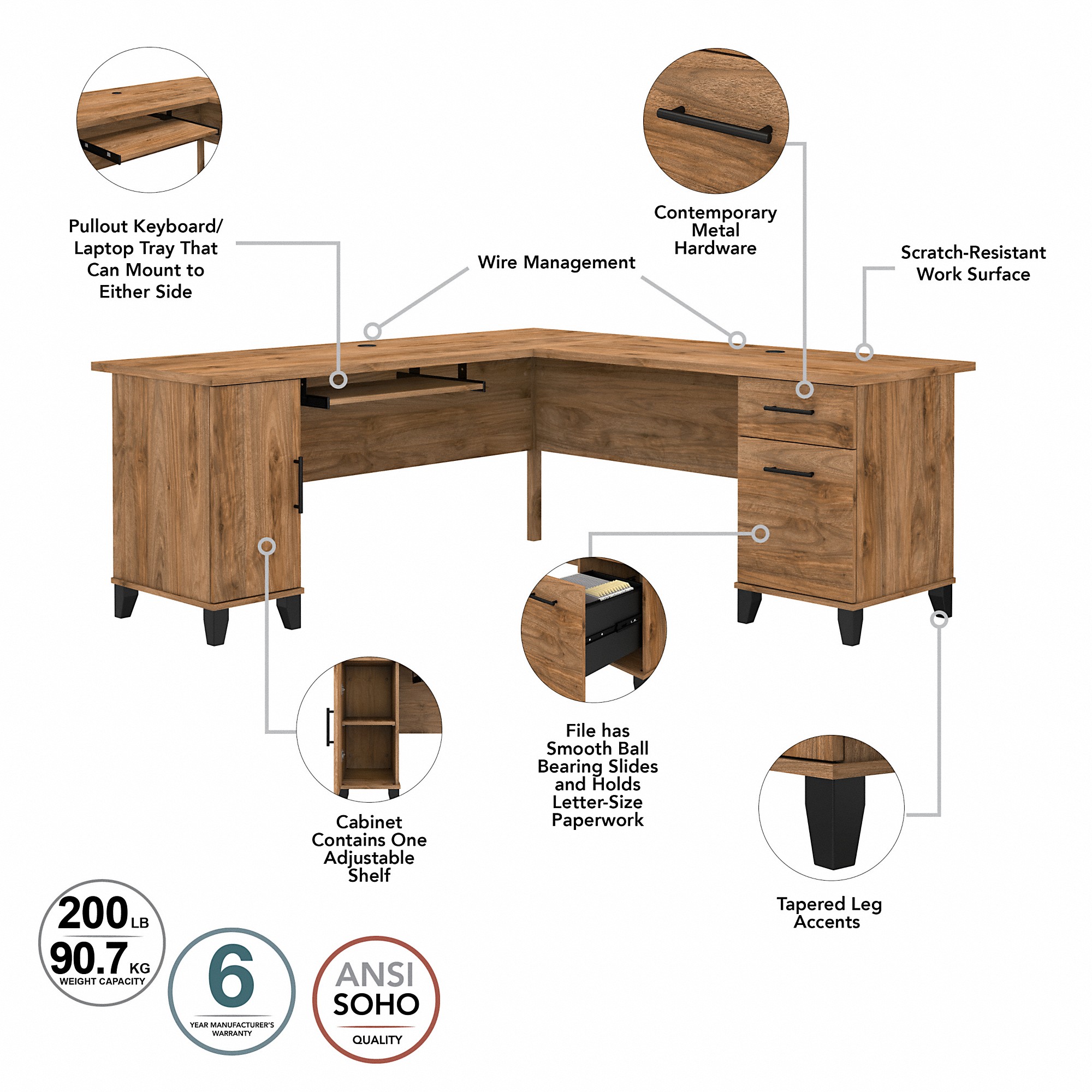Bush Furniture Somerset 72" L Shaped Desk with Storage, Fresh Walnut - image 4 of 9