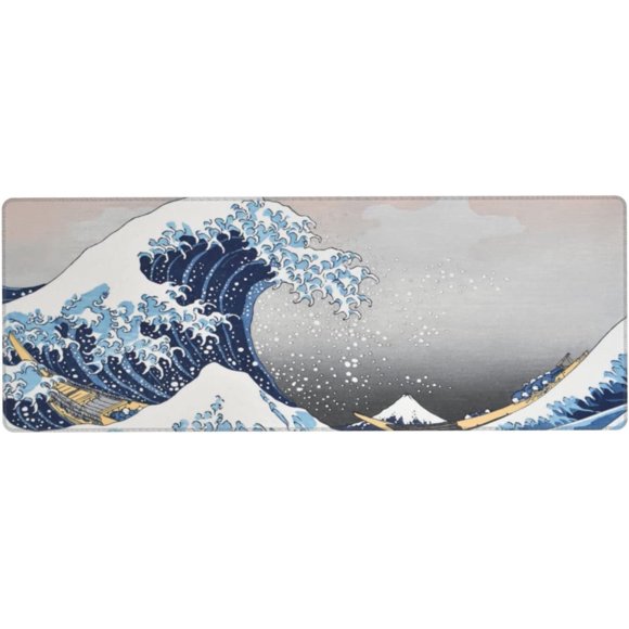 Extended Large Mouse Pad, Wave Painting Big Gaming Mouse Mat Non-Slip Water-Resistant Rubber Base Computer Keyboard Mouse Mat 31.5X11.8 inch Large Kanagawa Full Desk Mousepad 3D Pattern Keyboard Mat