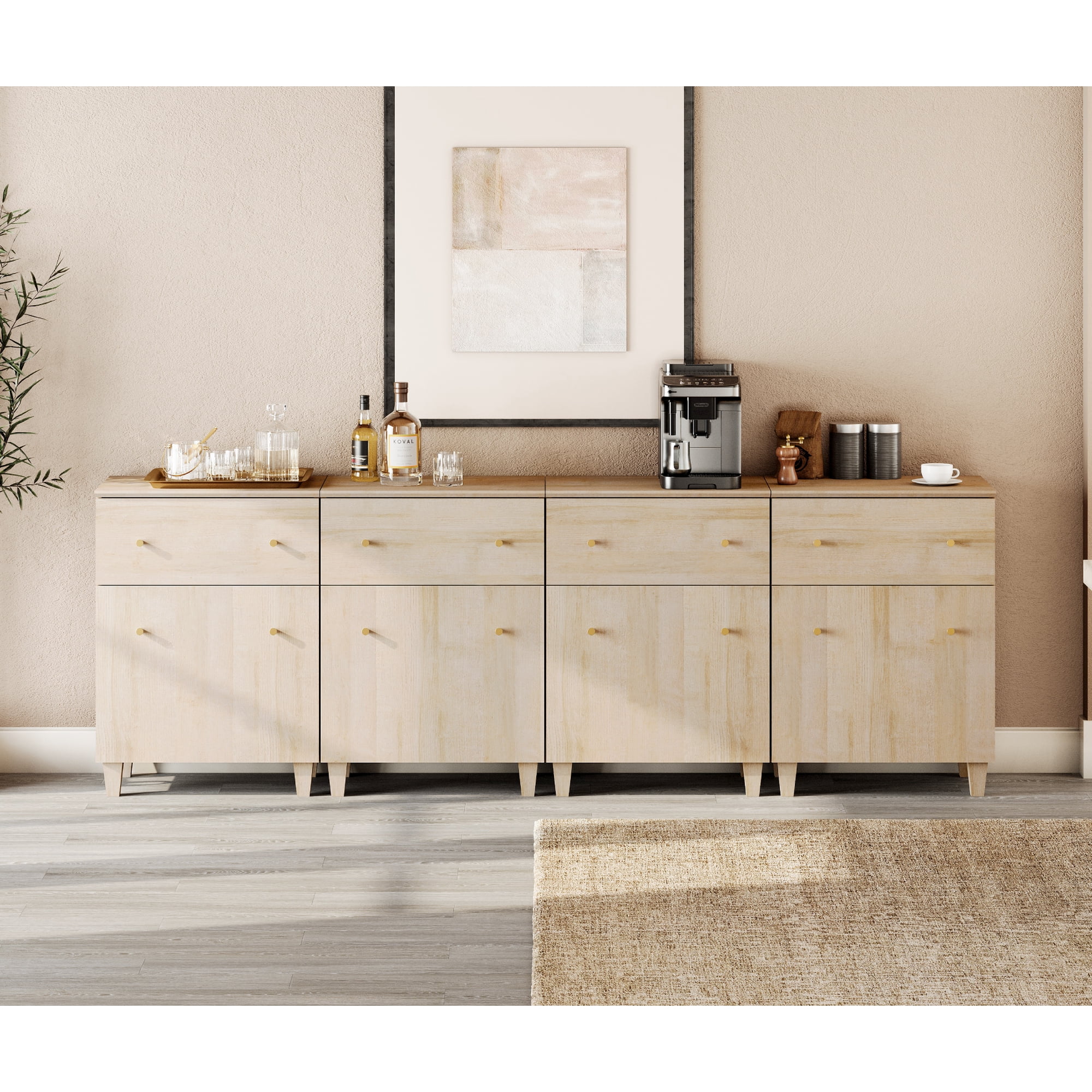 Wampat Buffet Storage Cabinet with 4 Drawers and 4 Adjustable Shelves  94  Wide  Light Oak Wood Finish  4 Pack