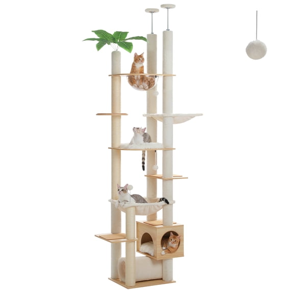 PEQULTI Floor to Ceiling Cat Tree 93.3"-100.8"Height Adjustable Wood Cat Tower for Indoor Cat Beige
