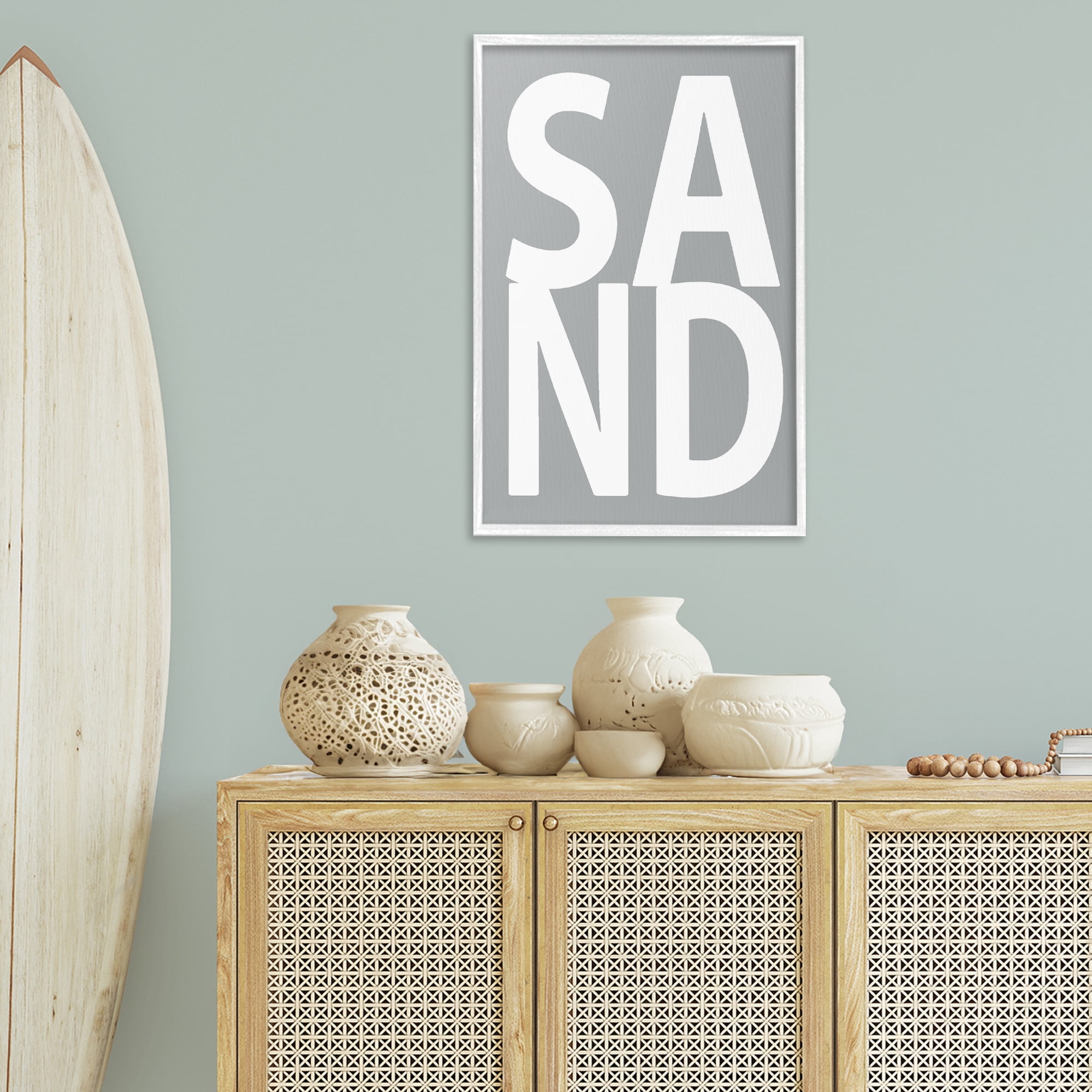 Stupell Industries Sand Word on Grey Typography Painting White Framed Art Print Wall Art, 20 x 30