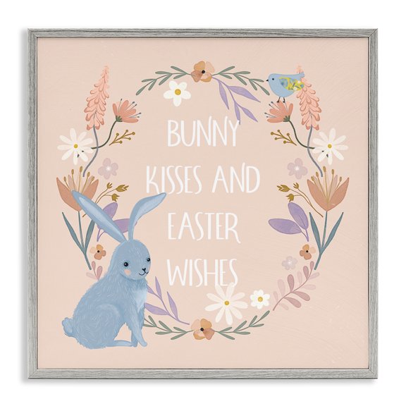 Stupell Industries Bunny Kisses Easter Wishes Holiday Painting Gray Framed Art Print Wall Art, 24 x 24