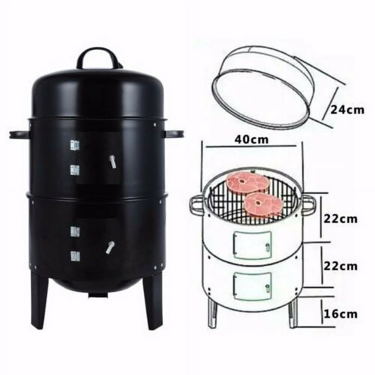 Hunting BBQ Outdoor 3-Tier Suitable Hiking Party Barbeque Charcoal Family Grill Backyard for Vertical Round Grill Smoker Camping 3-in-1 Grill Smoker Cooking
