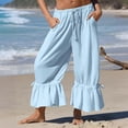thumbnail image 2 of Women's Linen Wide Leg Pants Casual Cropped Crinkle Design with Drawstring Waist and Loose Fit Ruffled Hem Trousers for Everyday Wear Light Blue S, 2 of 5