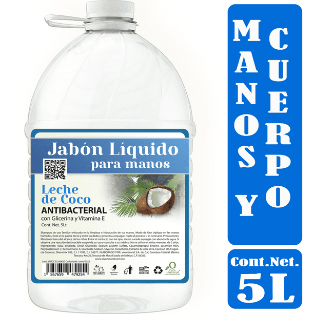 Jabón Líquido Antibacterial Coco para Manos de VivoNatural, con Glicerina y Vitamina E, 5 litros