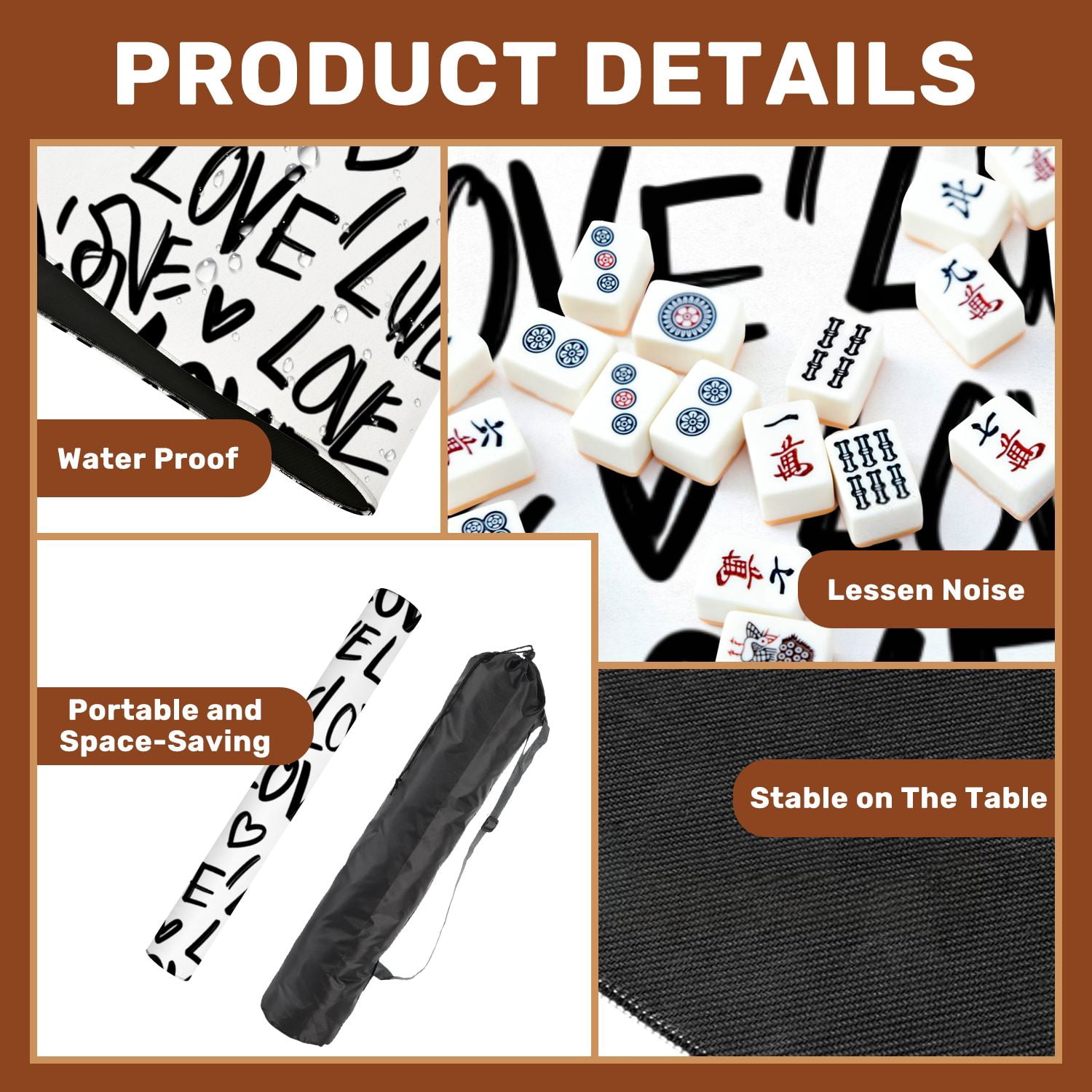 Mahjong Mat 31.5" x 31.5" Abstract seamless chaotic words love hearts Grunge monochrome Non-Slip Noise Reduction American Mahjong Tiles Table Cover for Dominoes Poker Card Board Games Gift