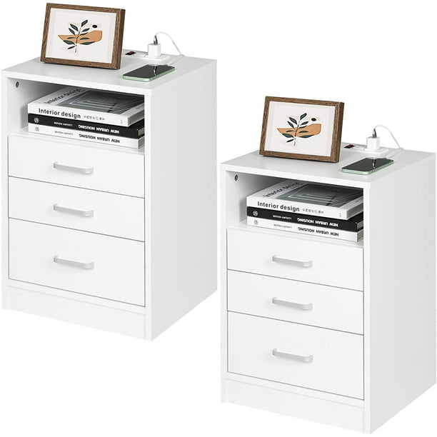 ADORNEVE Nightstand Set of 2, 3 Drawers Bedside Table with Charging Station for Bedroom, White