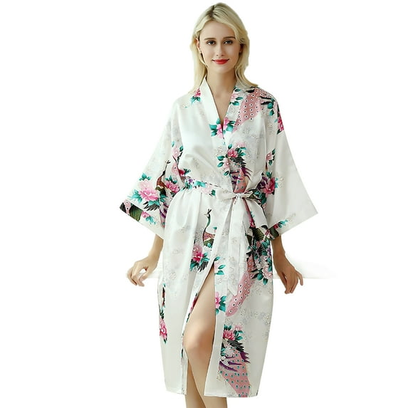 Women's Peacock Floral Satin Robe Kimono Silky Nightgown Sleepwear
