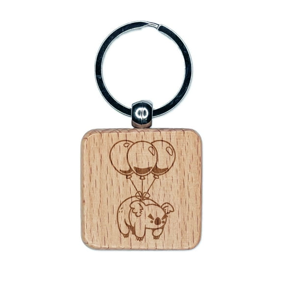 Angry Koala Drop Bear with Balloons Square Keychain Charm Tag - Engraved Wood