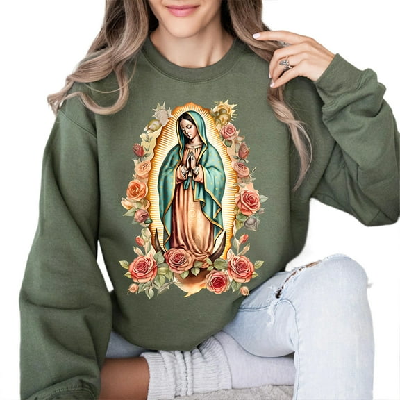Virgin Mary Sweatshirt – Our Lady of Guadalupe Pullover, Religious Mother Mary Sweater, Catholic Faith Based Unisex Apparel