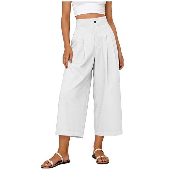 GigrtiJin Pleated Capris Pants for Womens Cotton Linen High Waisted Capris Loose Casual Straight Leg Capris Pants with Pockets
