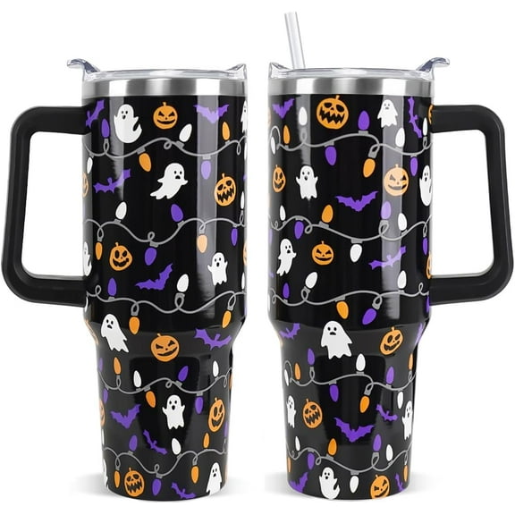 Halloween Tumbler 40 oz - Ghost, Bat & Pumpkin Insulated Stainless Steel Water Bottle - Leak Proof Coffee Mug Cup - Halloween Decor Gift for Women (1PC)