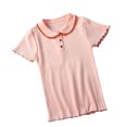 thumbnail image 3 of Camisa De Punto Mujer Verano Con Volantes Manga Corta Cuello De Muñeca Casual Top, Rosa Scienceny AP001288-02B, 3 of 7