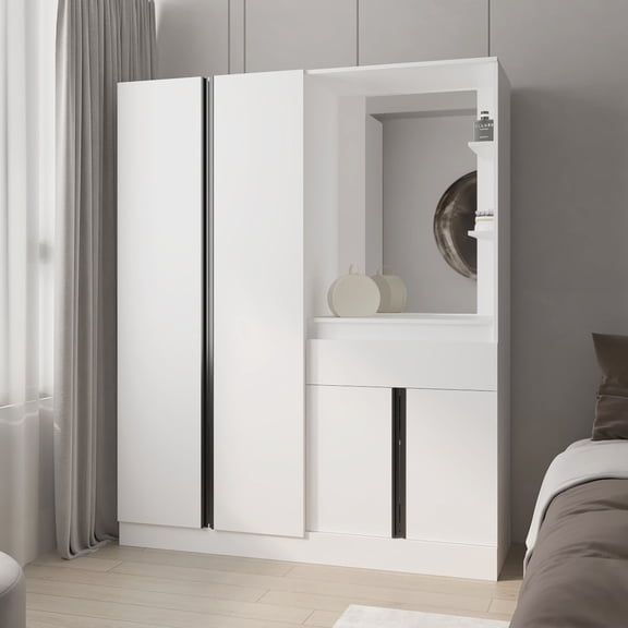 Newboti Furniture CaneMulti-Functional Wardrobe with Vanity Mirror and Storage, White BN.9869