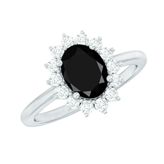 Rosec Jewels Natural Black Onyx Oval Engagement Ring with Halo (6X8mm, AAA Grade) - Black Onyx Diamond Ring - with Jewelry Box, 925 Sterling Silver, US 4.00